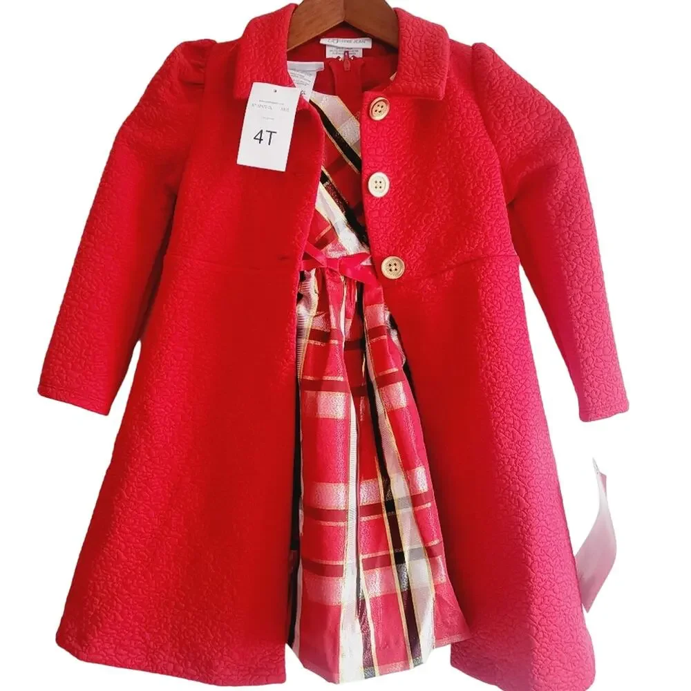 4T New Bonnie Jean red coat and plaid dress